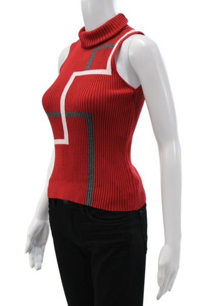 Loro Piana Women Turtleneck Sleeveless Geometric Pullover Sweater Red Size 40