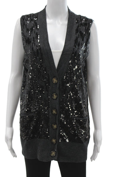 Tory Burch Womens Sequin Wool V Neck Sweater Vest Black Size M