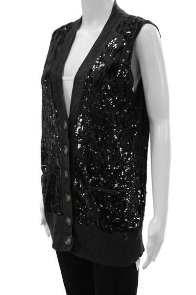 Tory Burch Womens Sequin Wool V Neck Sweater Vest Black Size M