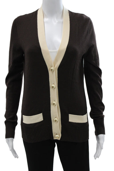 Tory Burch Womens Brown 100% Wool V-Neck Classic Long Sleeve Cardigan Size S