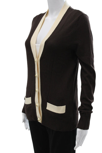 Tory Burch Womens Brown 100% Wool V-Neck Classic Long Sleeve Cardigan Size S
