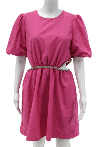Wayf Womens Mini Dress Pink Short Sleeve Round Neck Zip Party Size M