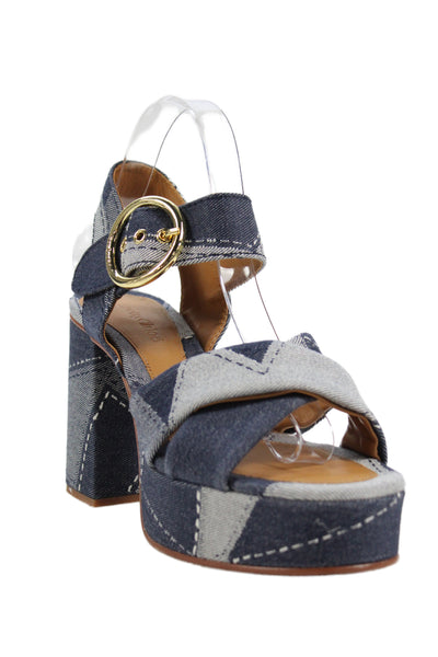 See by Chloe Womens Denim Patchwork Platform Sandals Navy Size 39 9