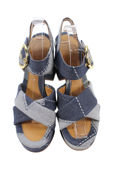 See by Chloe Womens Denim Patchwork Platform Sandals Navy Size 39 9