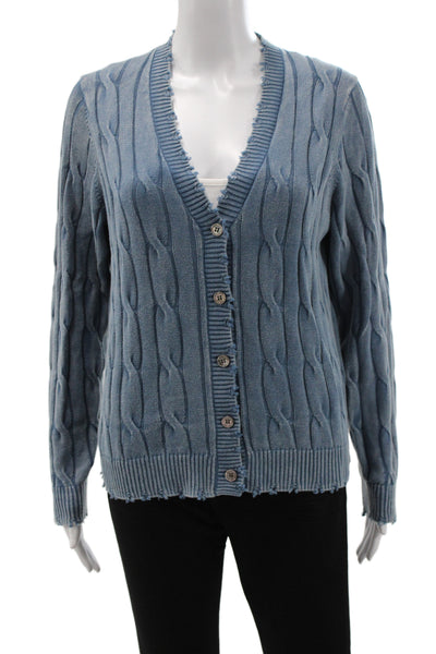 Minnie Rose Womens V-Neck Distressed Cotton Cardigan Blue Size M