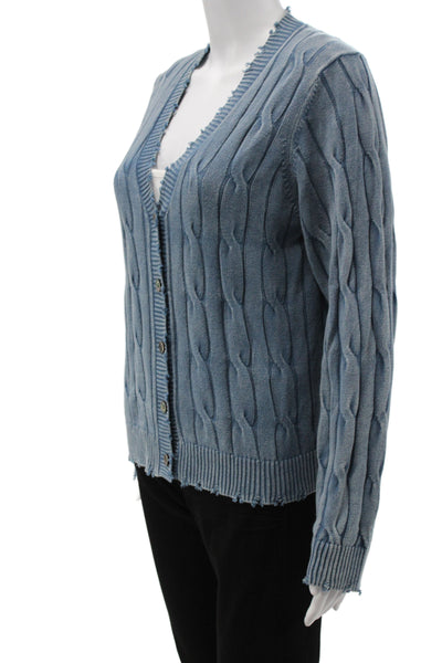 Minnie Rose Womens V-Neck Distressed Cotton Cardigan Blue Size M
