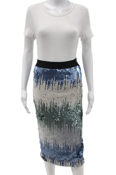Le Superbe Women Mini Skirt Blue Striped Sequin Nylon Zip Size S