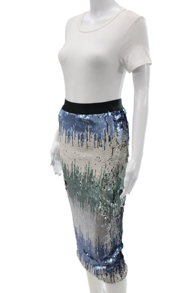 Le Superbe Women Mini Skirt Blue Striped Sequin Nylon Zip Size S