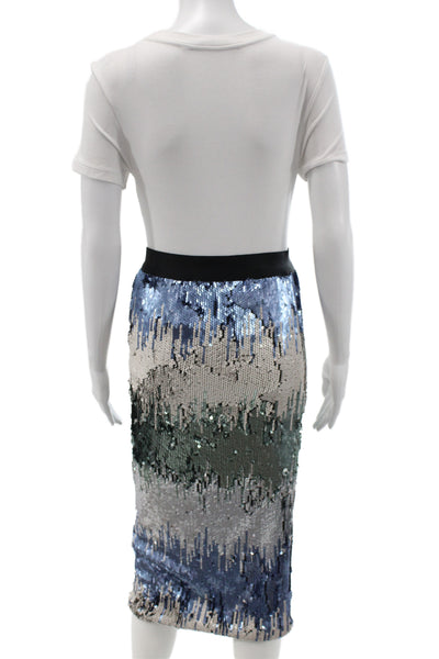 Le Superbe Women Mini Skirt Blue Striped Sequin Nylon Zip Size S