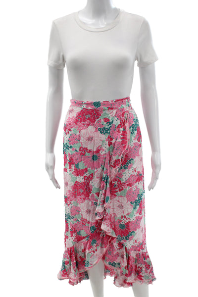 Poupette St. Barth Women Floral Wrap Skirt Pink Long Viscose Tie Size XS