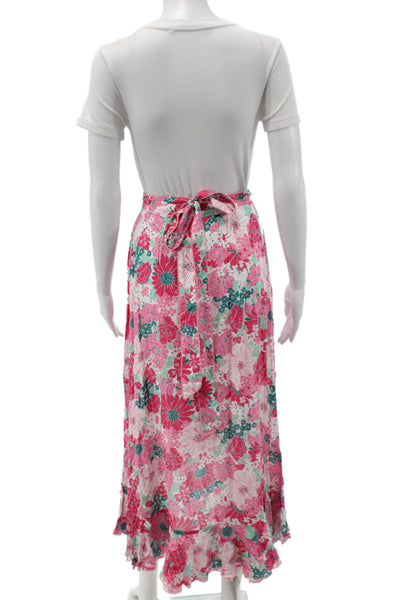 Poupette St. Barth Women Floral Wrap Skirt Pink Long Viscose Tie Size XS