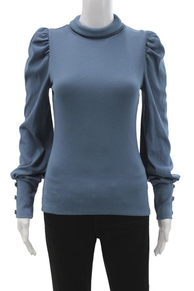 Veronica Beard Women Mock Neck Pima Cotton Blouse Blue Longsleeve Basic Size XS