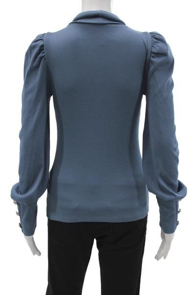 Veronica Beard Women Mock Neck Pima Cotton Blouse Blue Longsleeve Basic Size XS