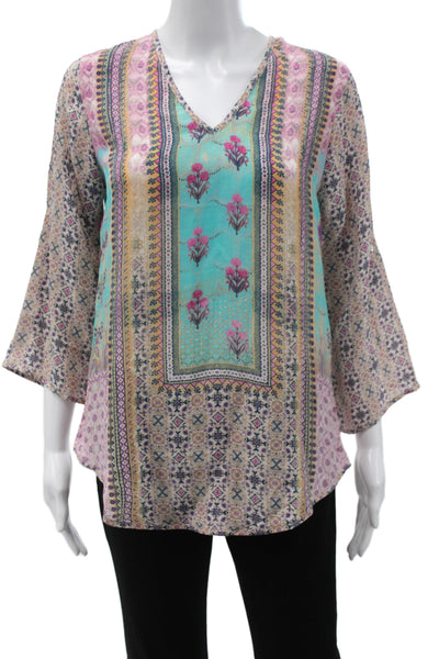 Tolani Womens Tunic V-Neck 3/4 Sleeve Multicolor Silk Bohemian Size S