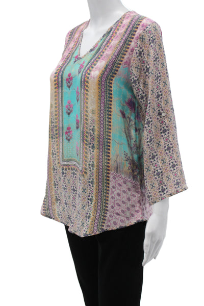 Tolani Womens Tunic V-Neck 3/4 Sleeve Multicolor Silk Bohemian Size S