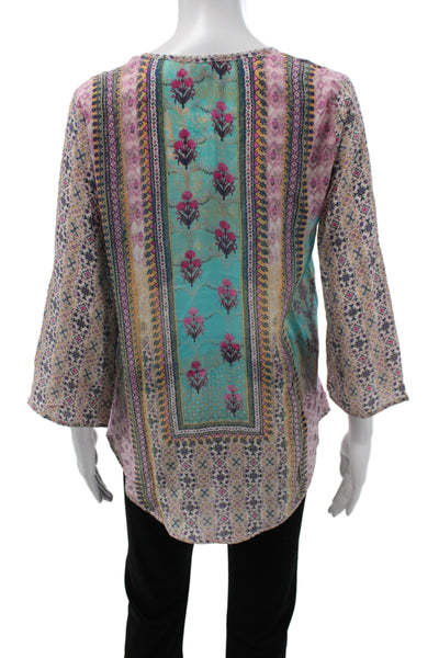 Tolani Womens Tunic V-Neck 3/4 Sleeve Multicolor Silk Bohemian Size S