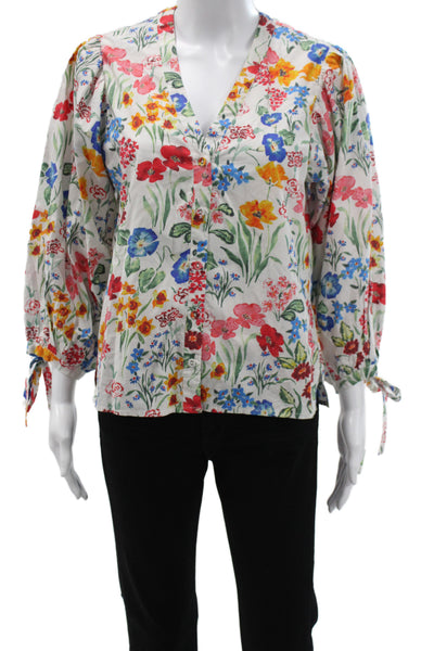 Cara Cara Womens Tunic Blouse Multicolor V-Neck 3/4 Sleeve Button Cotton Size S