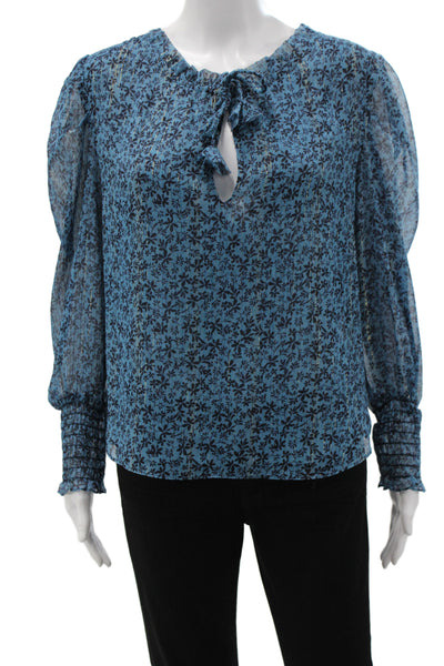 Misa Women Tunic Blouse V-Neck Long Sleeve Blue Floral Polyester Size S