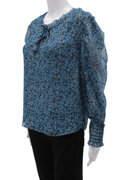 Misa Women Tunic Blouse V-Neck Long Sleeve Blue Floral Polyester Size S
