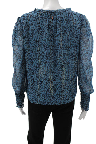 Misa Women Tunic Blouse V-Neck Long Sleeve Blue Floral Polyester Size S