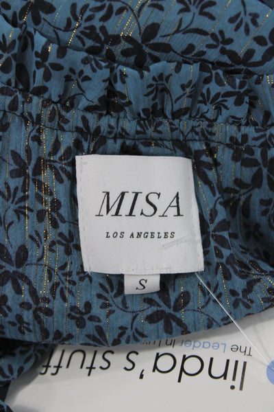 Misa Women Tunic Blouse V-Neck Long Sleeve Blue Floral Polyester Size S