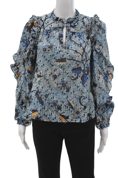 Ulla Johnson Womens Bohemian Floral V-Neck Tunic Blouse Blue Long Sleeve Size 0