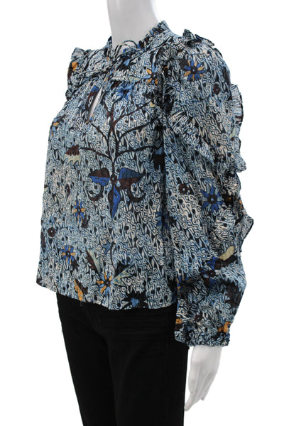 Ulla Johnson Womens Bohemian Floral V-Neck Tunic Blouse Blue Long Sleeve Size 0