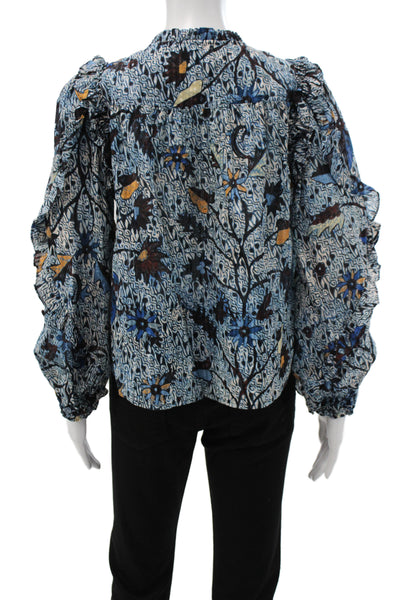 Ulla Johnson Womens Bohemian Floral V-Neck Tunic Blouse Blue Long Sleeve Size 0