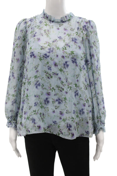 Cami NYC Womens Silk Floral High Neck Tunic Blouse Blue Long Sleeve Size S