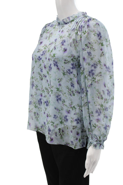 Cami NYC Womens Silk Floral High Neck Tunic Blouse Blue Long Sleeve Size S