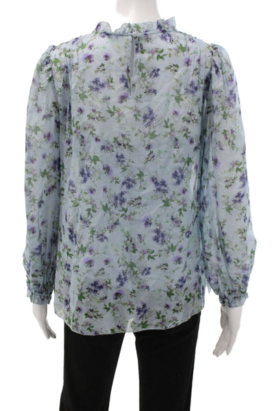 Cami NYC Womens Silk Floral High Neck Tunic Blouse Blue Long Sleeve Size S