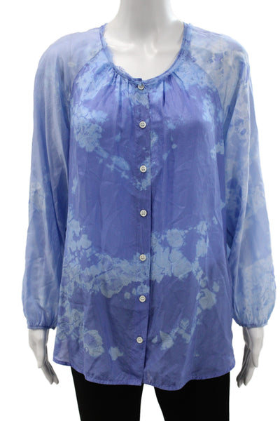 Raquel Allegra Women Silk Tunic Blouse Blue Multicolor Boho Round Neck Size S