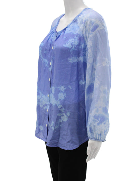 Raquel Allegra Women Silk Tunic Blouse Blue Multicolor Boho Round Neck Size S