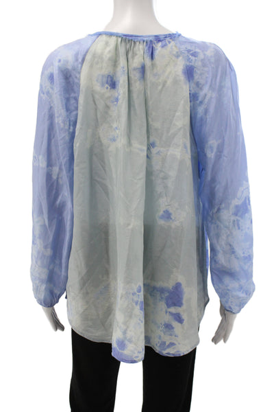 Raquel Allegra Women Silk Tunic Blouse Blue Multicolor Boho Round Neck Size S