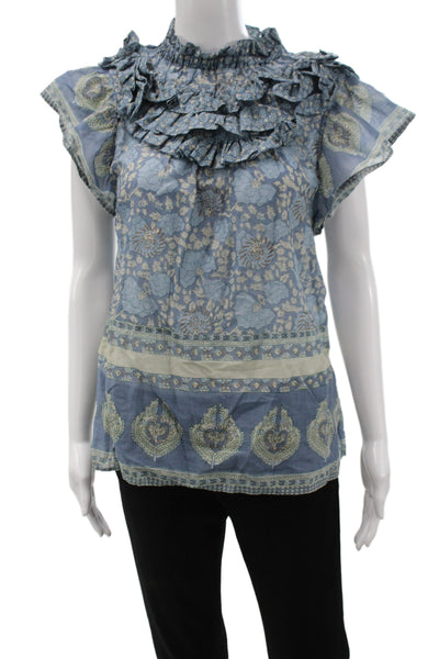 Sea Womens Blue Floral Tunic Blouse Cotton High Neck Sleeveless Size XS