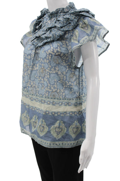 Sea Womens Blue Floral Tunic Blouse Cotton High Neck Sleeveless Size XS