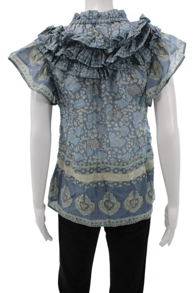 Sea Womens Blue Floral Tunic Blouse Cotton High Neck Sleeveless Size XS