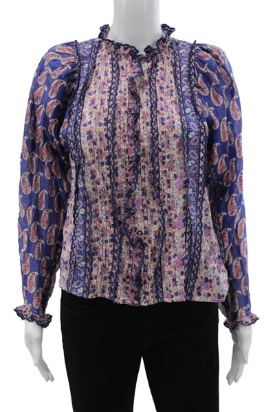 Sea Womens Bohemian Floral Tunic Blouse Blue High Neck Long Sleeve Size 2