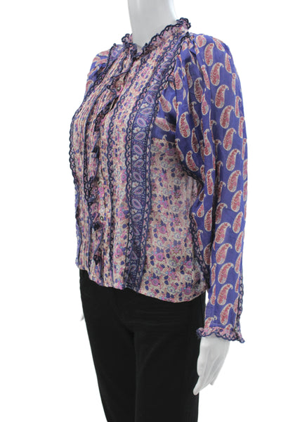 Sea Womens Bohemian Floral Tunic Blouse Blue High Neck Long Sleeve Size 2