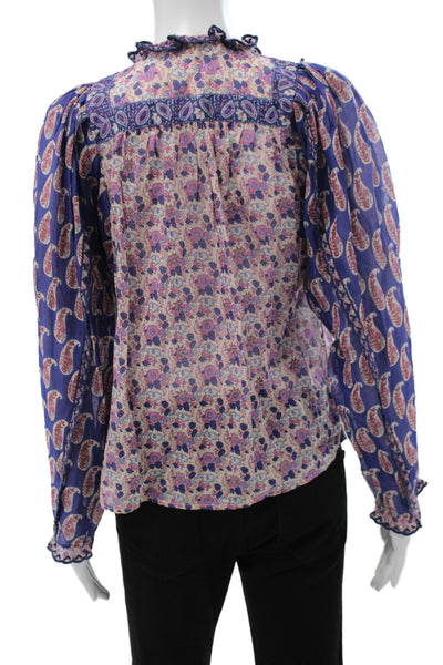 Sea Womens Bohemian Floral Tunic Blouse Blue High Neck Long Sleeve Size 2