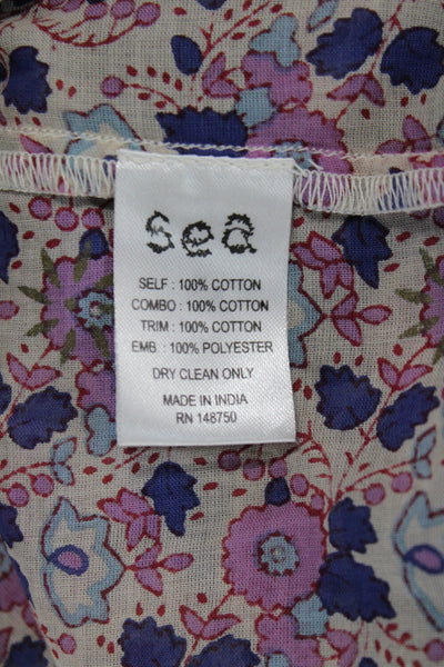 Sea Womens Bohemian Floral Tunic Blouse Blue High Neck Long Sleeve Size 2