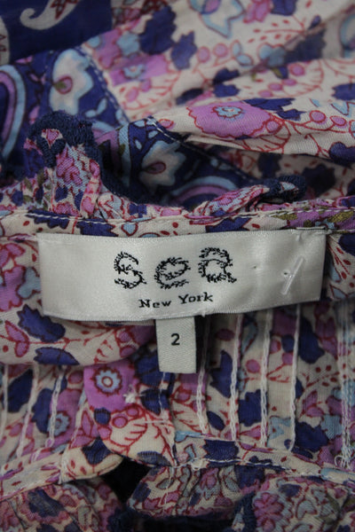 Sea Womens Bohemian Floral Tunic Blouse Blue High Neck Long Sleeve Size 2