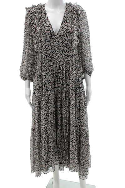 Joie Women Maxi Dress Black Silk Floral V-Neck Long Sleeve Size XS
