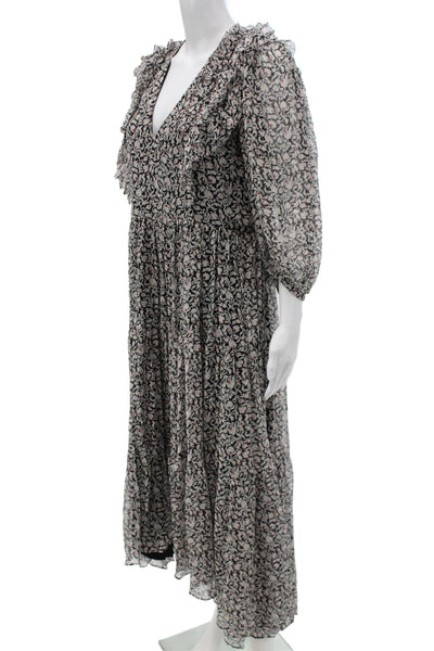 Joie Women Maxi Dress Black Silk Floral V-Neck Long Sleeve Size XS