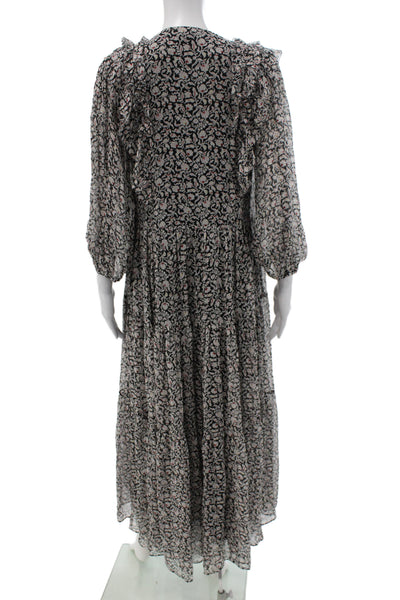 Joie Women Maxi Dress Black Silk Floral V-Neck Long Sleeve Size XS