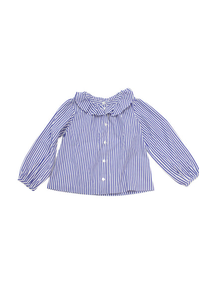 Jacadi Womens Cotton Striped Ruffle Long Sleeve Blouse Top Blue Size 5A
