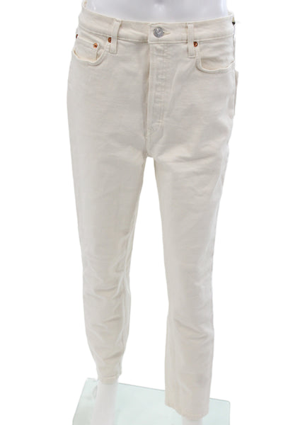 Redone Women Ivory Straight Cotton Jeans Button Closure Size 30