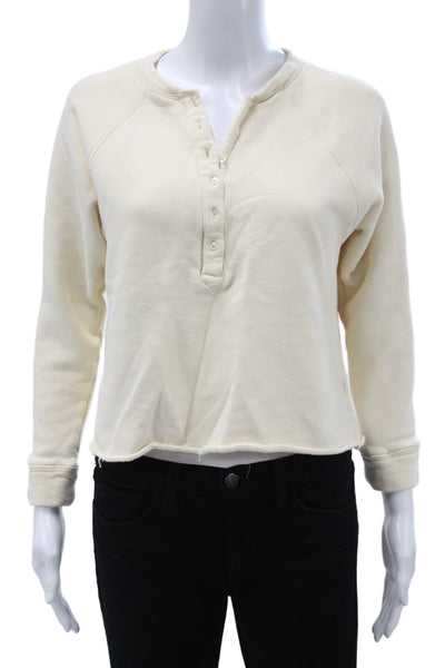 Marissa Webb Women Cropped Button-Up Henley Sweater Ivory Cotton Size XS