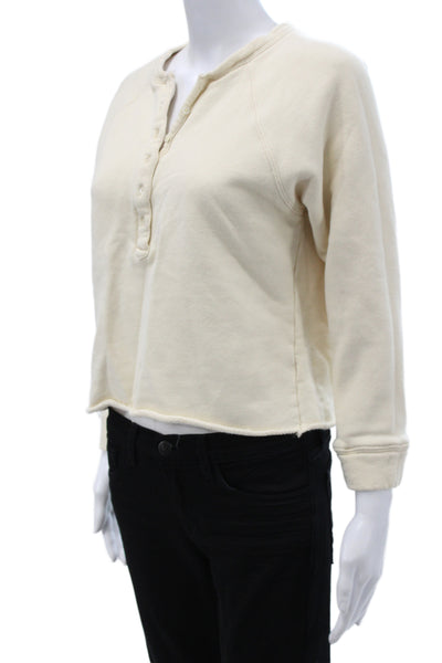 Marissa Webb Women Cropped Button-Up Henley Sweater Ivory Cotton Size XS