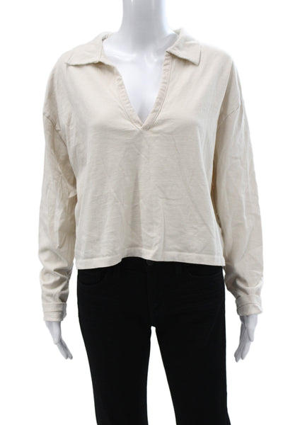 Perfect White Tee Womens Beige Cropped Collared Polo Long Sleeve Cotton Size XS